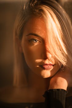 Captivating portrait of a blonde woman bathed in warm golden hour light.