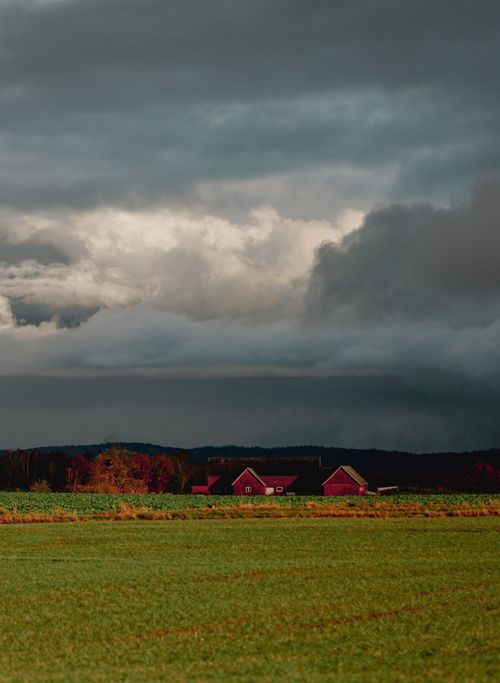 Free A picturesque farm nestled in green fields under a dramatic cloudy sky. Stock Photo