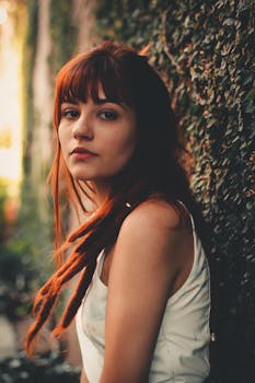 一位红发女子的宁静肖像，在户外环境中散发着自然的美丽与安宁