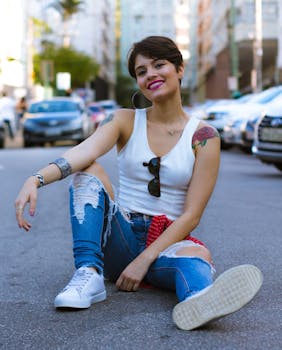 一位年轻女子坐在城市街道上，展现出时尚又充满活力的风格