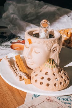 A serene arrangement featuring a Buddha-shaped incense holder, a candle, and natural elements, ideal for mindfulness practices.