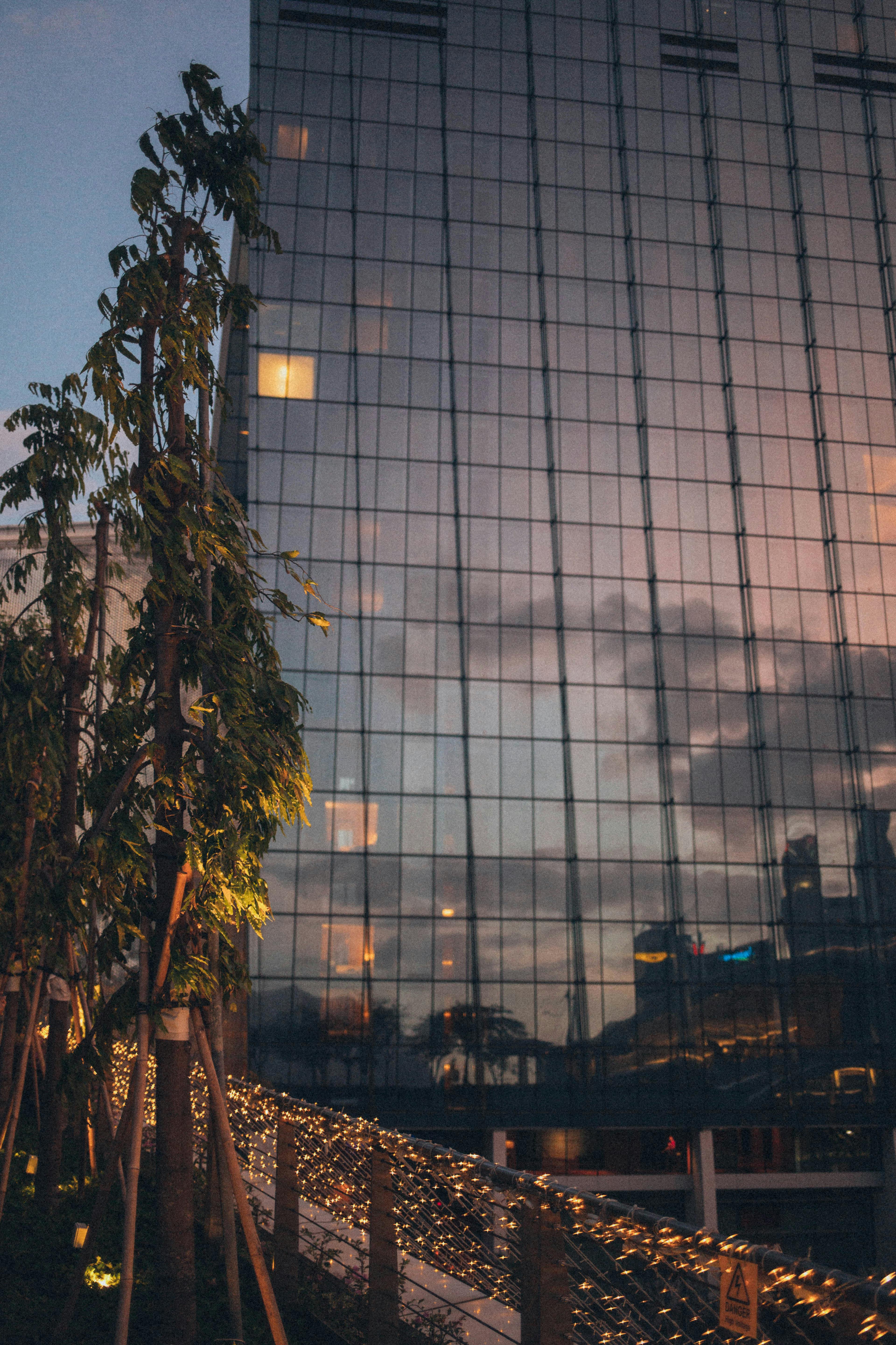 一座现代玻璃建筑映照着黄昏的天空，城市环境中点缀着温暖的灯光和绿色植物