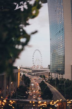 黄昏时分，城市景观充满活力，摩天轮、摩天大楼与繁忙的道路交相辉映