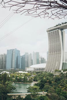 鸟瞰新加坡城市天际线、滨海湾金沙和郁郁葱葱的花园