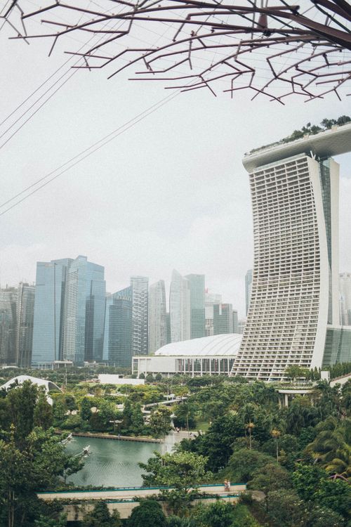 Free Aerial view of Marina Bay Sands and lush gardens with Singapore city skyline. Stock Photo