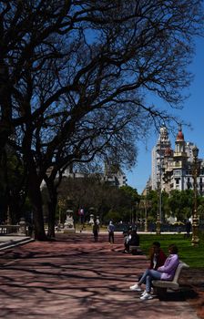 A lively scene in Buenos Aires' Plaza de Mayo with trees and historic architecture.