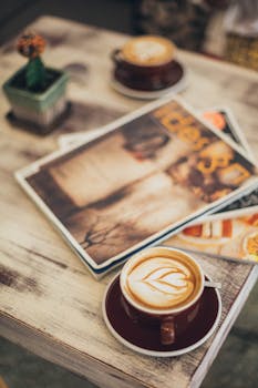 Close-up of a latte with art on a wooden table surrounded by magazines and decor.