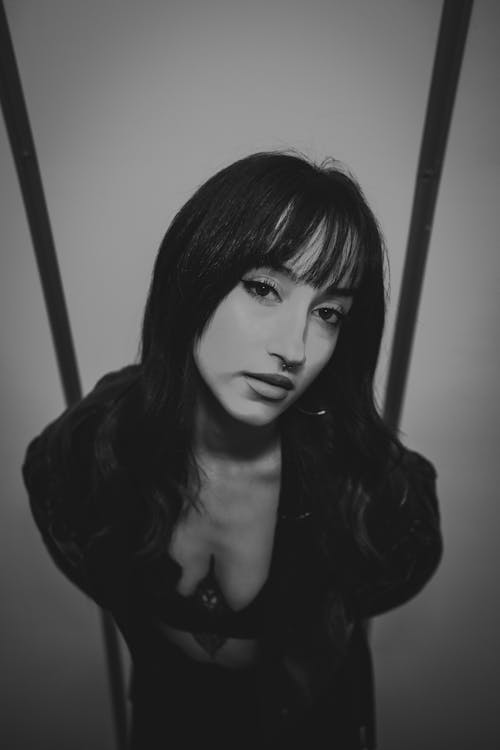 Woman with Black Hair and Fringe in Black and White