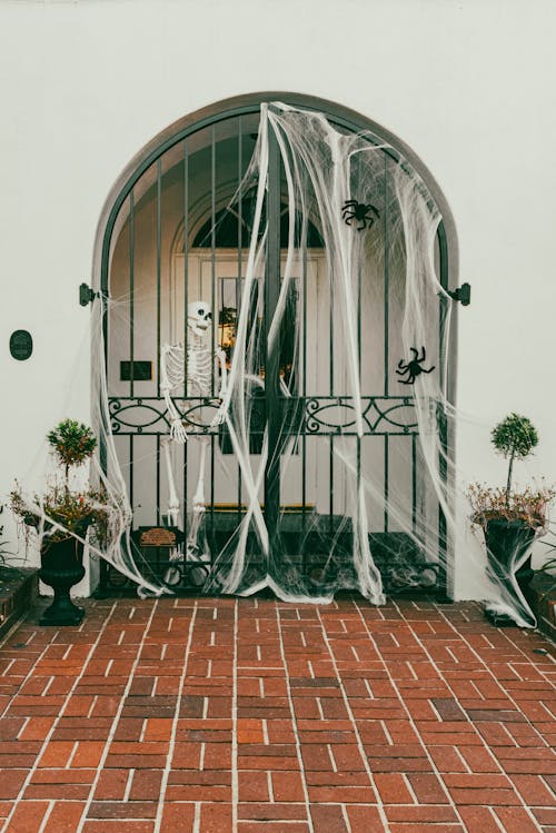 Halloween Decorations at the Entrance to a Building 