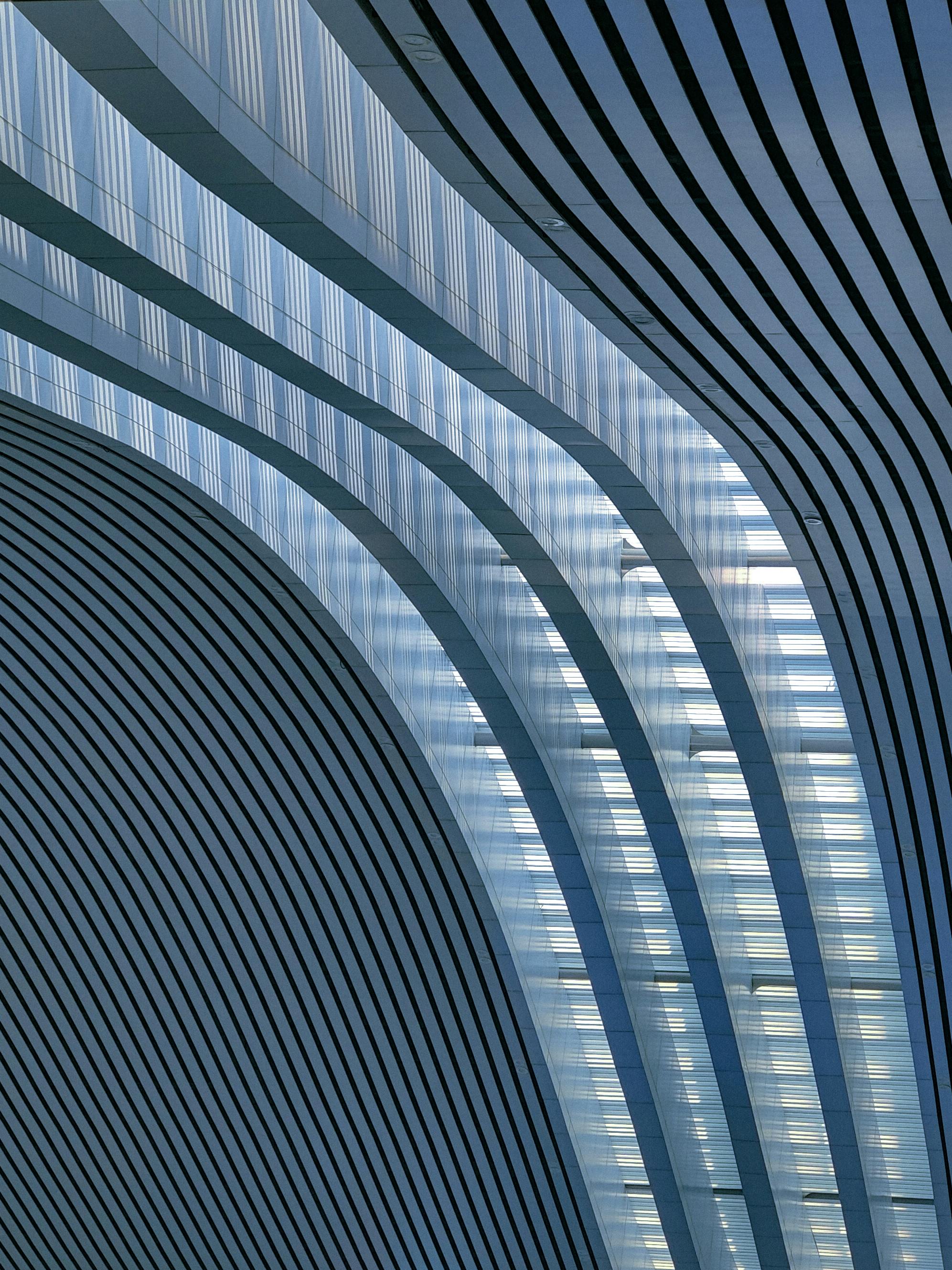 A striking abstract view of modern architecture with curved glass and steel structures.