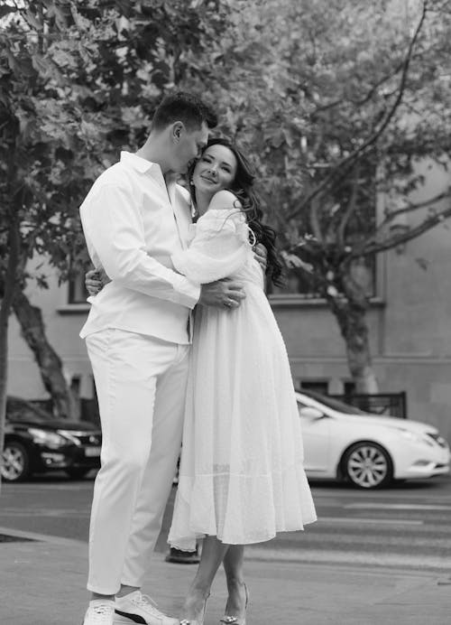 Couple Hugging on a Street in Black and White