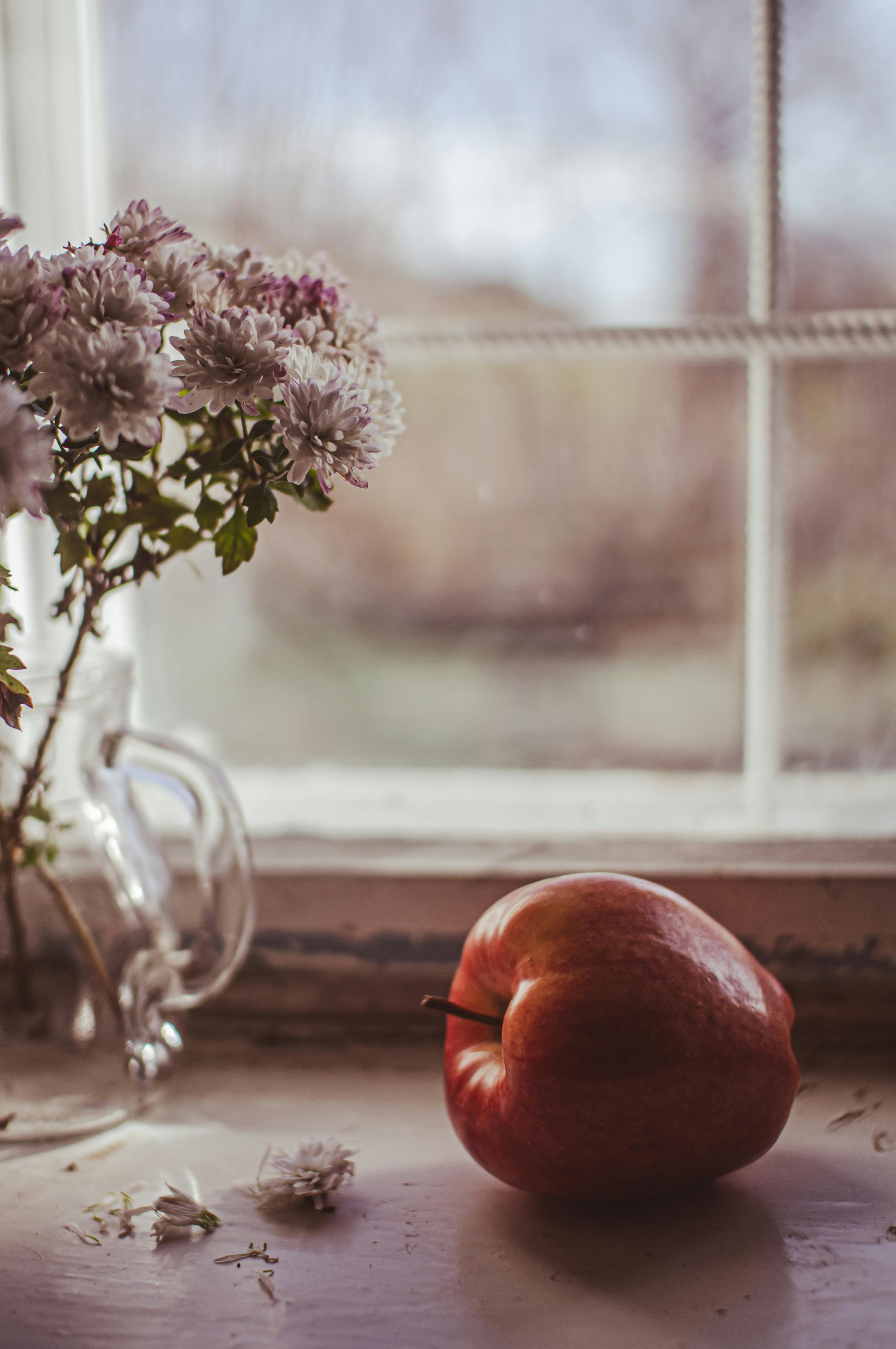 A peaceful still life of an apple and flowers by a sunny windowsill, evoking warmth and simplicity.