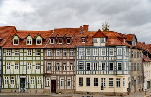 Free Beautiful medieval half-timbered houses in Halberstadt, Germany showcasing historic architecture. Stock Photo