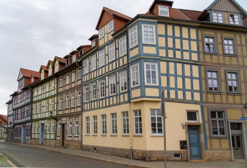 Free Explore the colorful medieval facades lining the street in Halberstadt's old town, Germany. Stock Photo