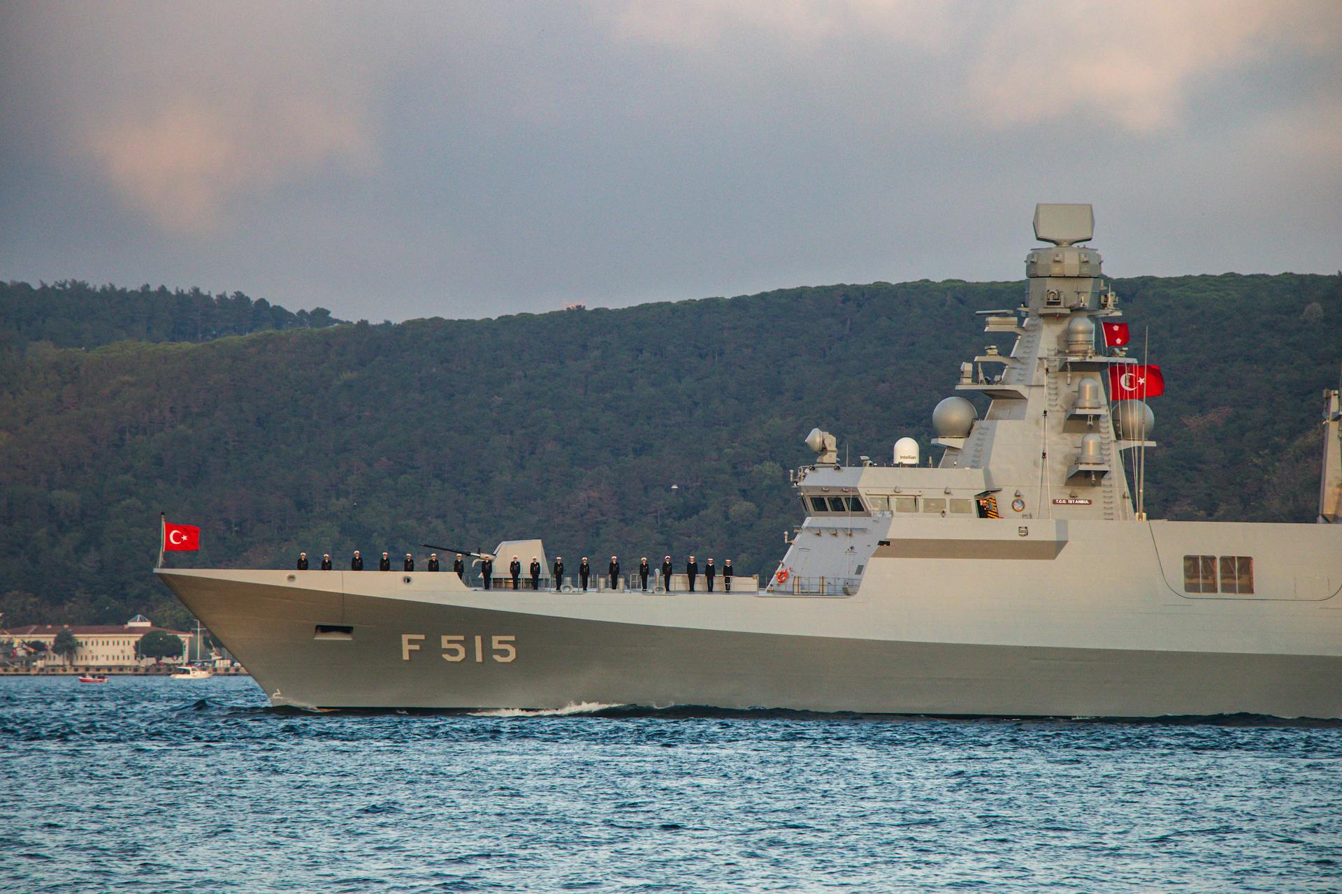 Turkish Multi-Role Frigate with Sailors in Parade Uniforms Standing on Deck