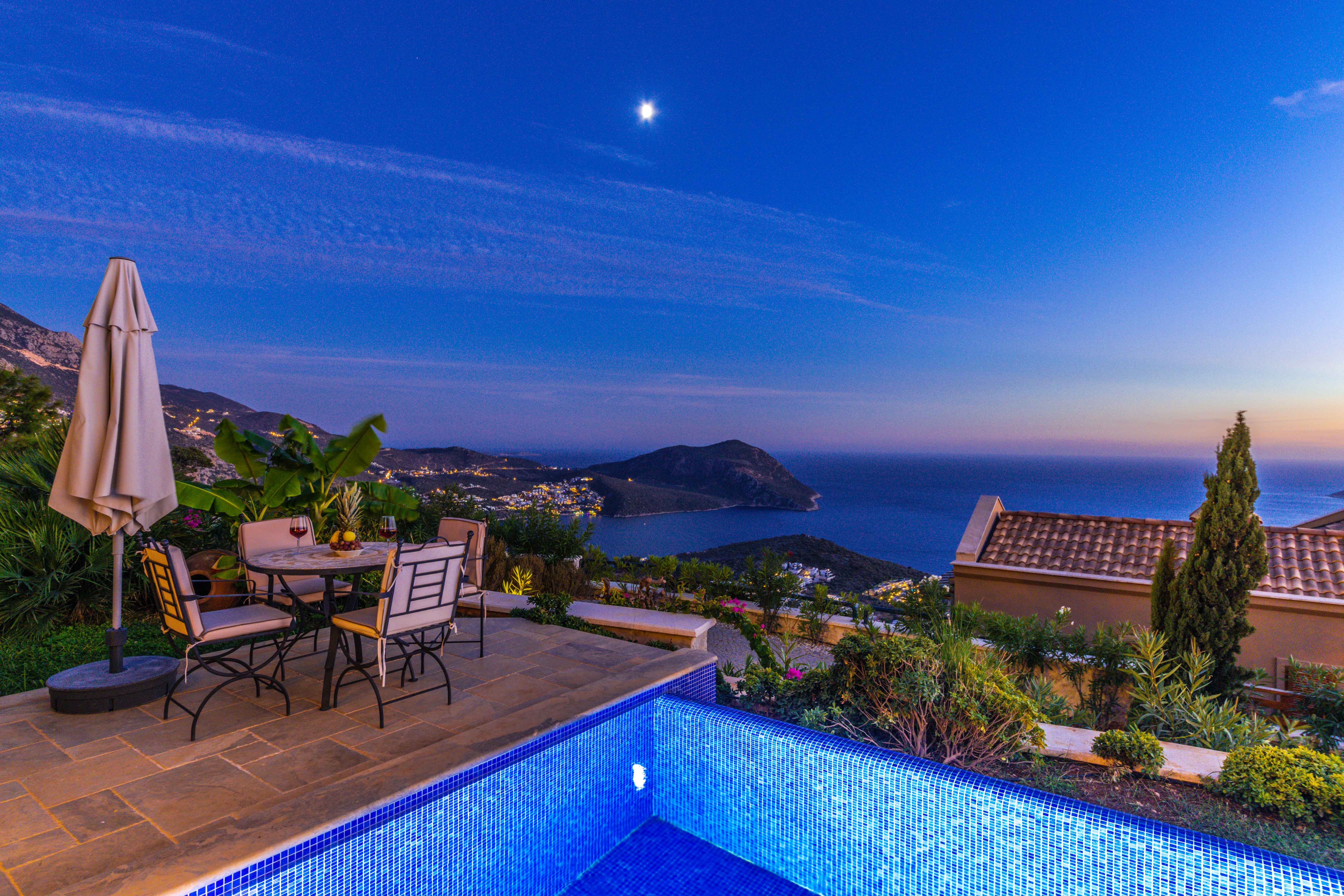 Relaxing evening at a luxury seaside resort with ocean view and a swimming pool.