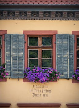 Beautiful window with shutters and flowers on a historic building in Freiburg, Germany, showcasing traditional architecture.