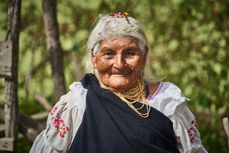 Elderly Woman Wearing One Shoulder Scarf