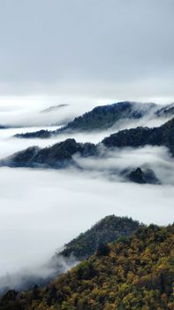 A breathtaking aerial view of mountain peaks shrouded in mist and clouds, offering a serene landscape.