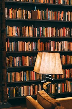 图书馆光线温暖，设有书架和阅读灯，营造出舒适的氛围