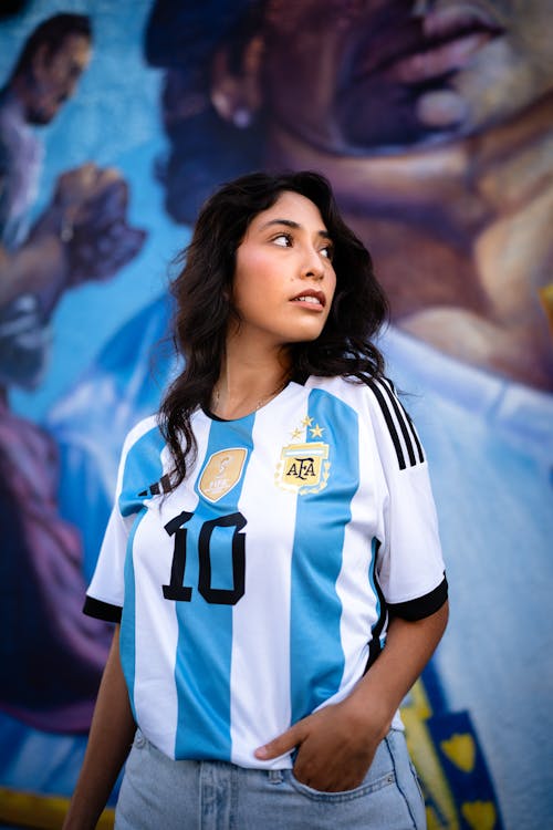 Young Woman Wearing an Argentinian Soccer Shirt 