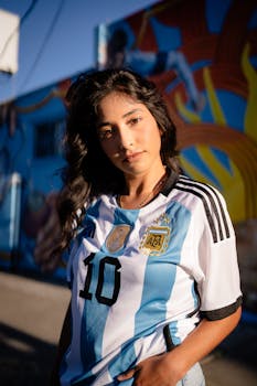 Portrait of a woman wearing an Argentina soccer jersey standing in front of a vibrant graffiti wall.