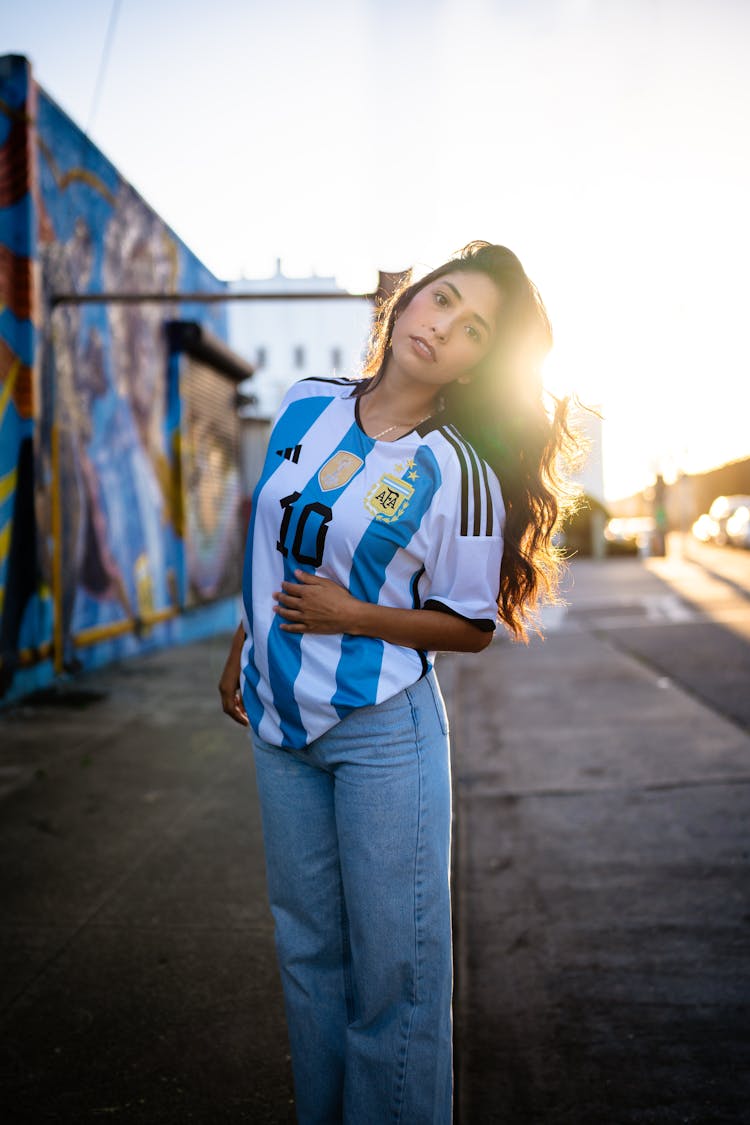 Brunette Woman In Argentinian Football Shirt