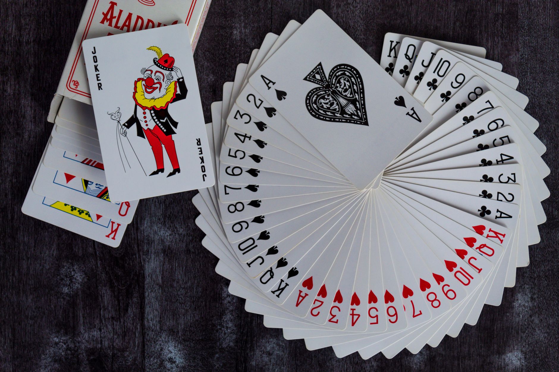Artistic flat lay of a classic deck of playing cards, featuring a joker and spades.