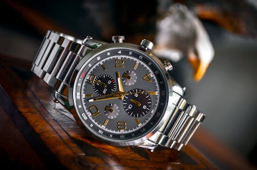 Free Silver Linked Bracelet Silver and Black Round Chronograph Watch Stock Photo