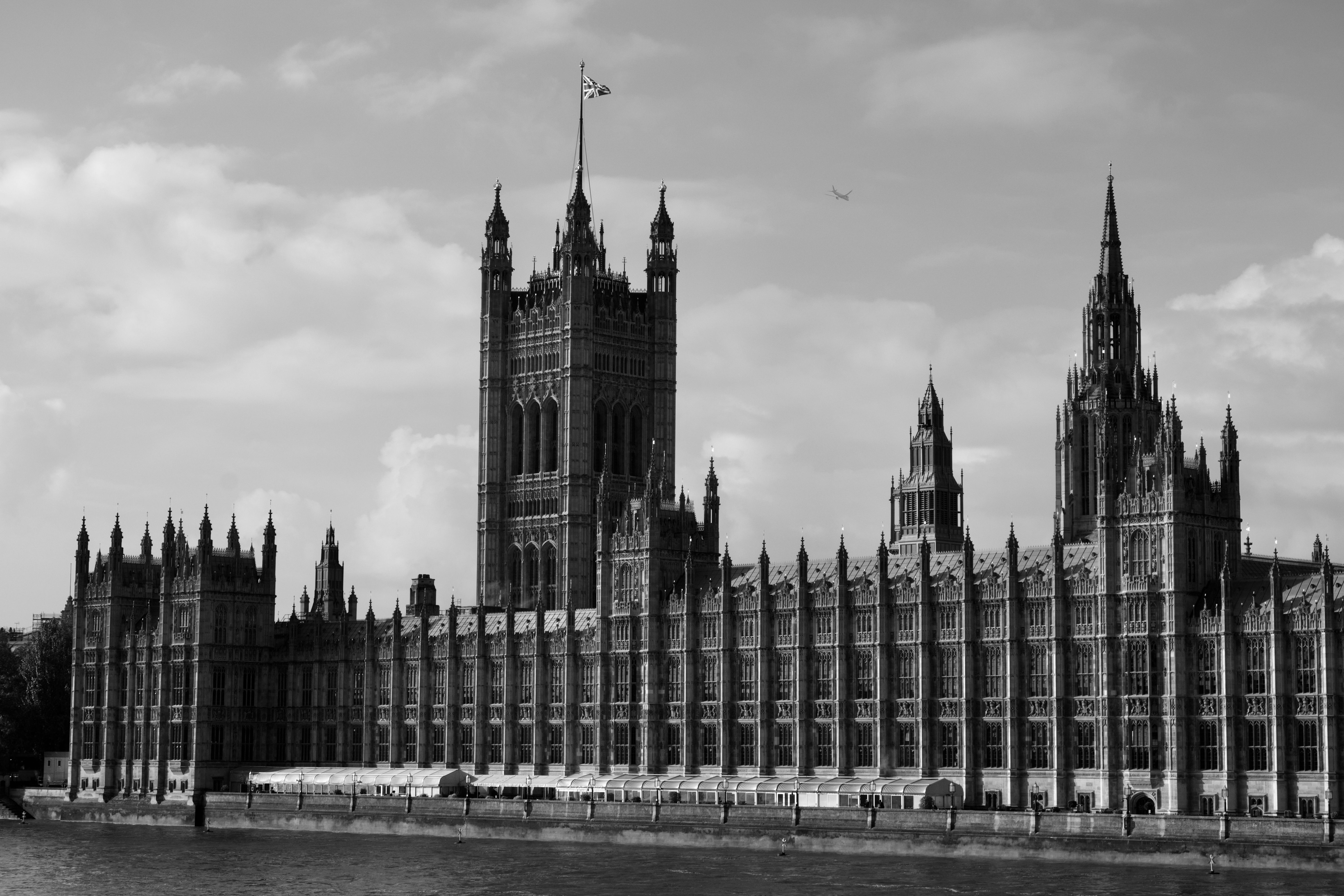 Classic black and white photograph of Westminster Palace in London, UK.
