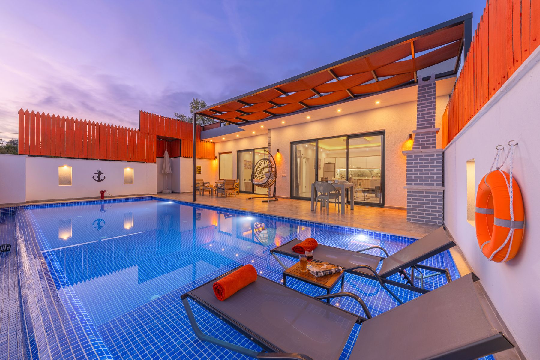 The resort pool glowing in the evening light