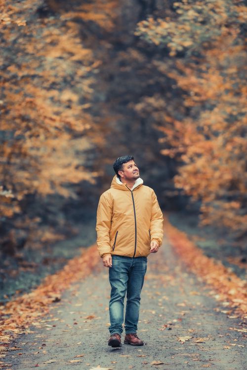 Free A man in a jacket walks through a vibrant autumn forest, enjoying the fall colors. Stock Photo