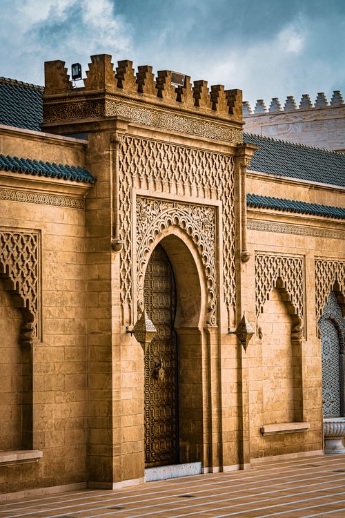 Free Capture of the intricate architectural details of the Mausoleum of Mohammed V in Rabat, Morocco. Stock Photo