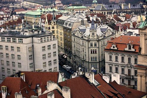 Free Explore Prague's charming historic architecture with red rooftops and intricate details from above. Stock Photo