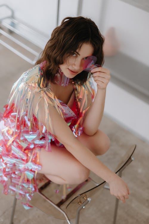 Woman Posing in Pink Glitter Dress