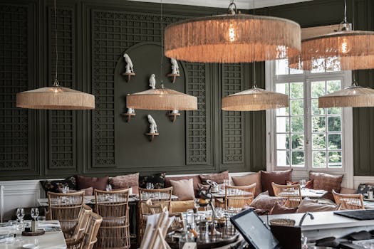 Elegant dining space with luxury decor and unique lighting in Bordeaux, France.