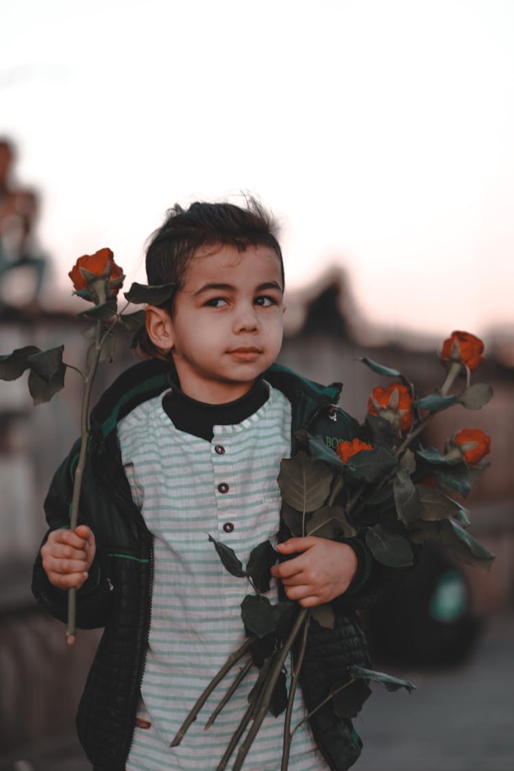 Boy Holding A Bunch Of Red Roses