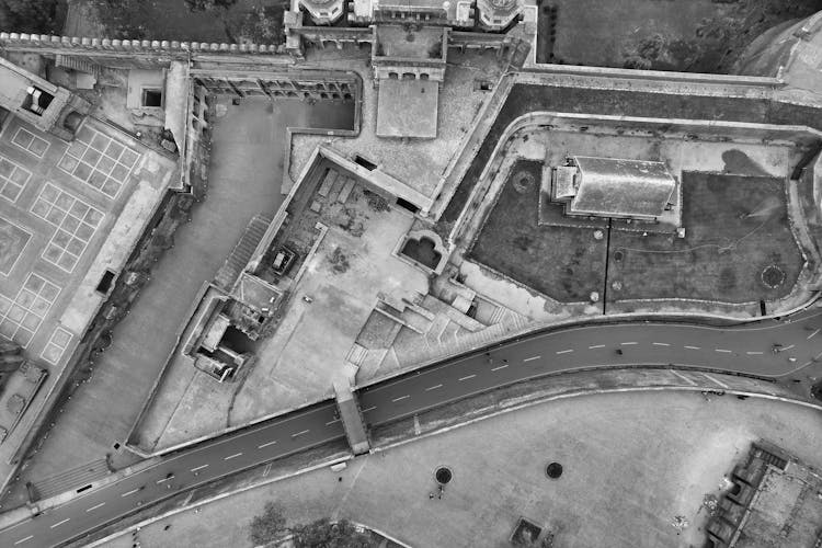 Road In A Town Seen From Above In Black And White