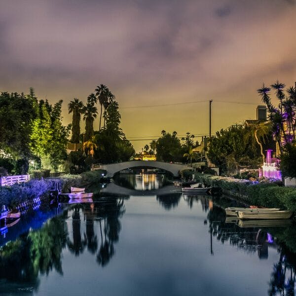 夜晚的运河倒映着灯光、桥梁和树木，一片宁静