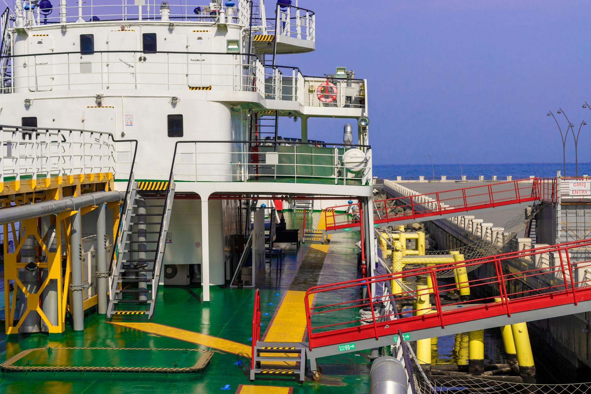 A detailed view of a ship docked at Baku harbor showcasing industrial design.