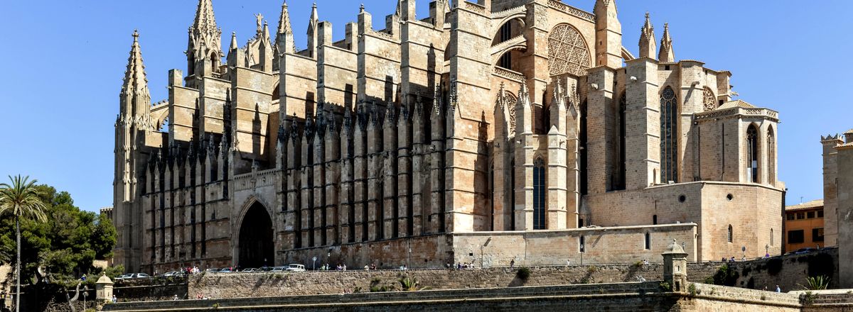 Majestic Gothic cathedral facade in Palma, Mallorca, Spain by the waterfront.