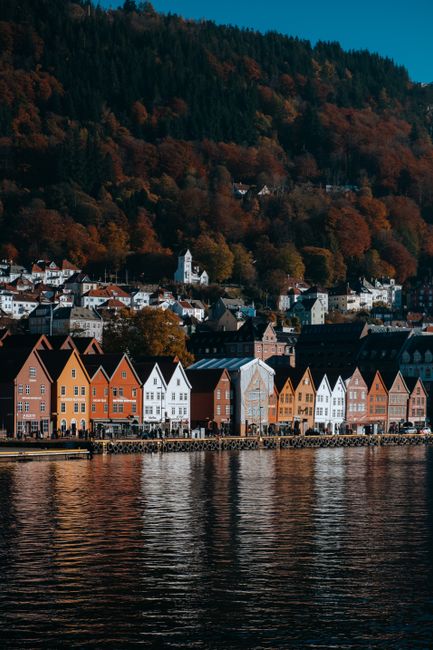 Colorful houses reflect on the fjord in Bergen, Norway, showcasing autumn's beauty.