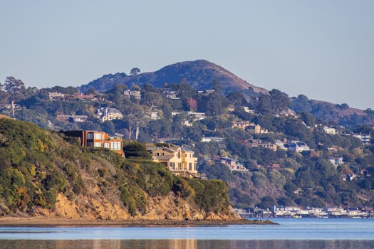 Beautiful hillside homes along a tranquil waterfront, perfect for real estate inspiration.