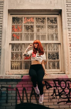 一位有纹身的红发女子戴着太阳镜，坐在布满涂鸦的窗台上