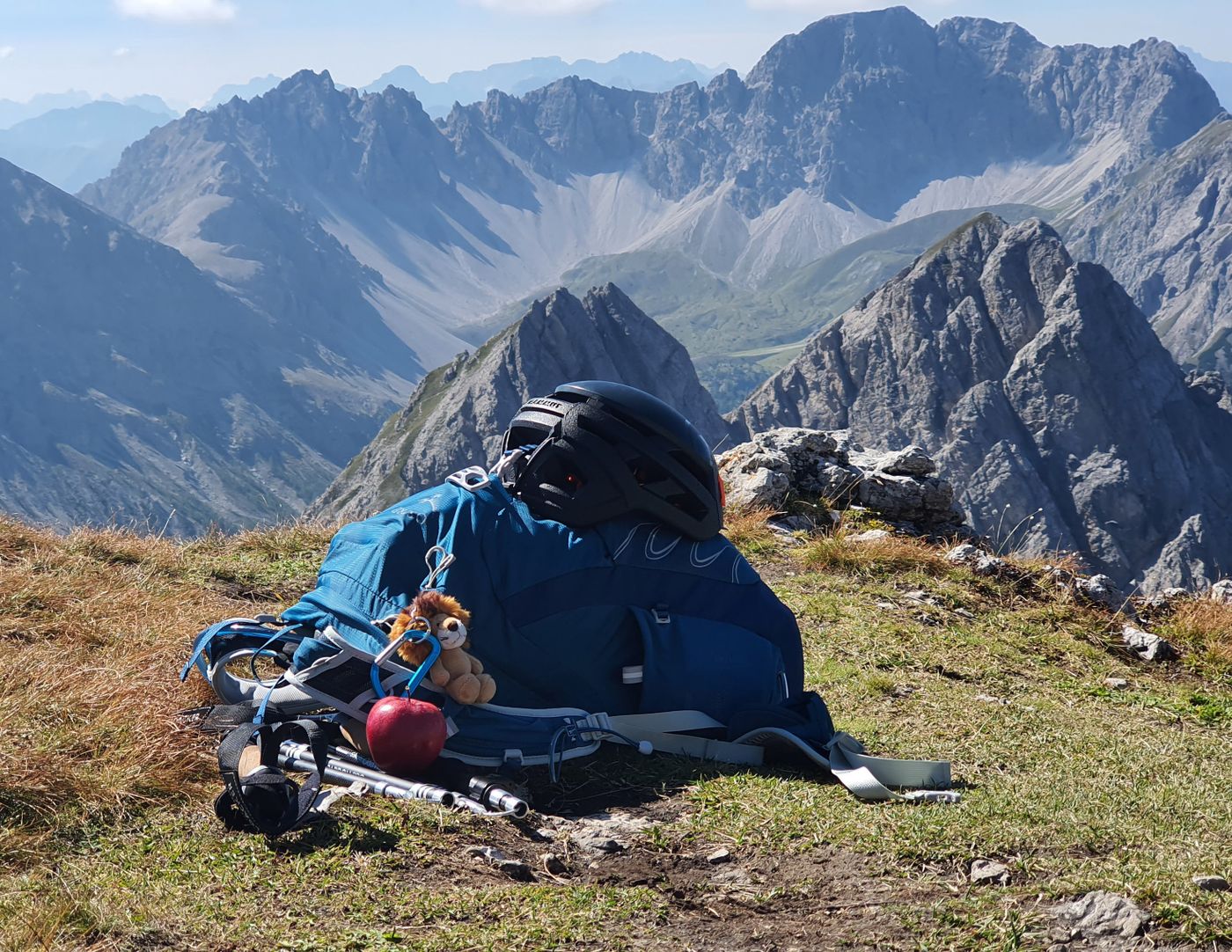 Hiking backpack and gear on a mountain