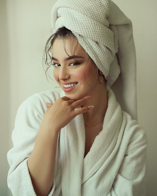 Smiling Woman in Towel and Bathrobe