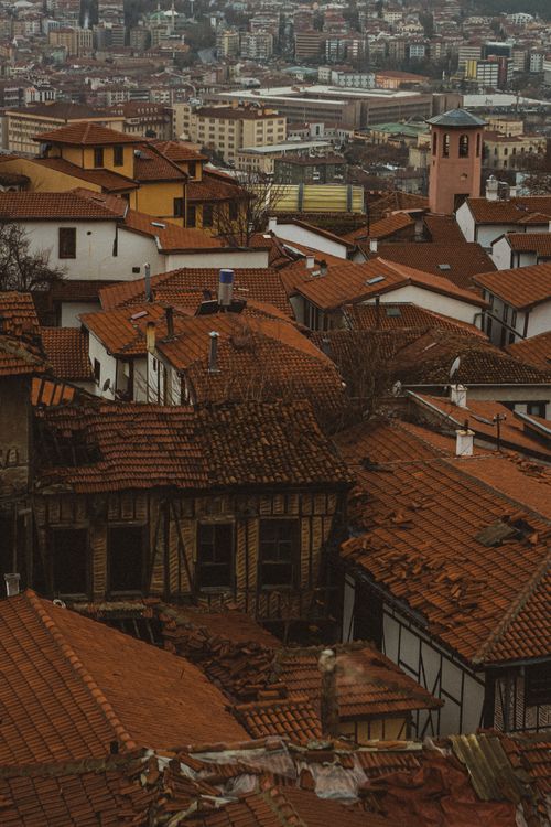 Free Aerial view of traditional rooftops in Ankara, showcasing urban architecture and heritage. Stock Photo