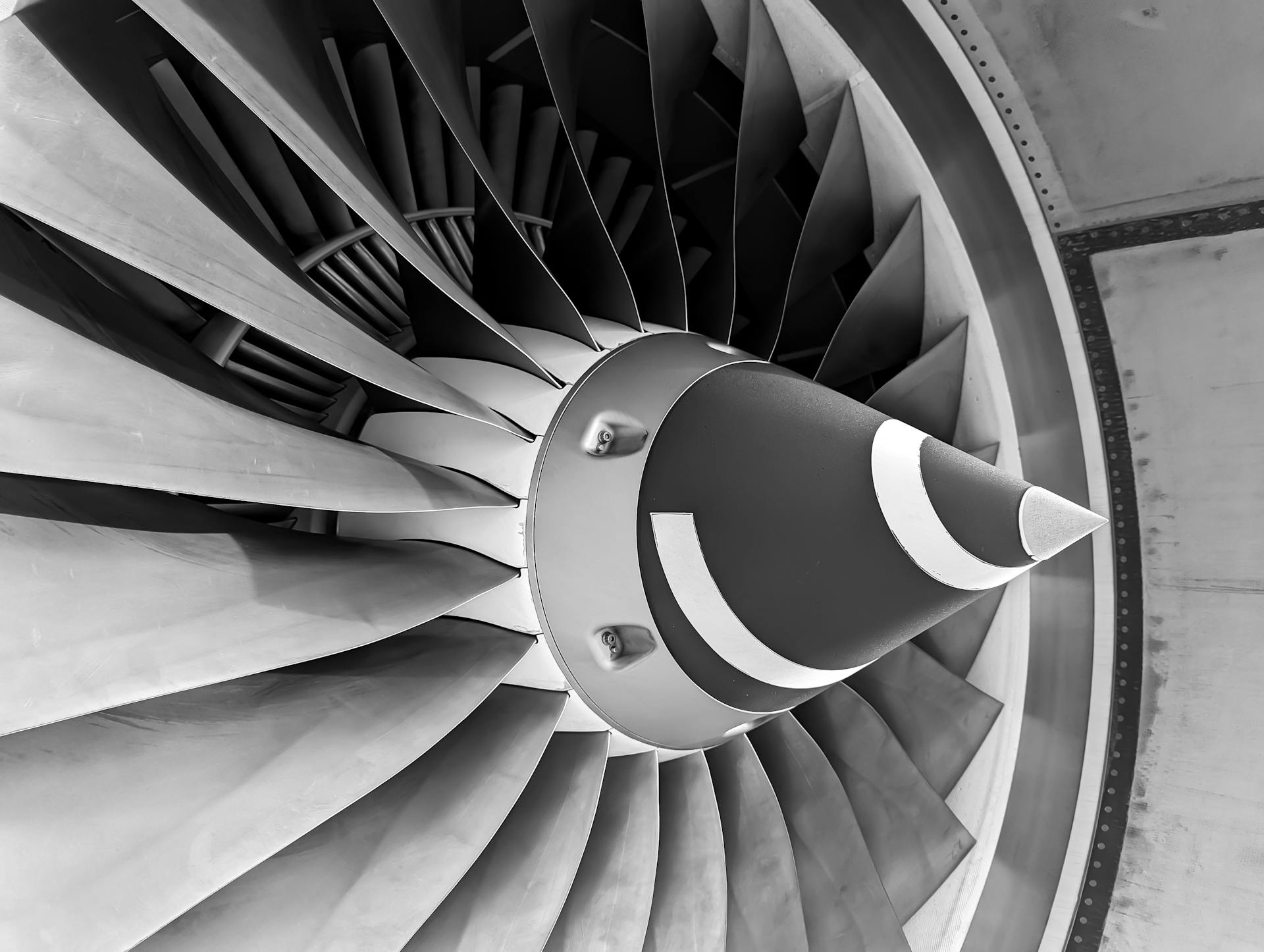 Detailed black and white photograph of aircraft turbine engine blades showcasing engineering precision.