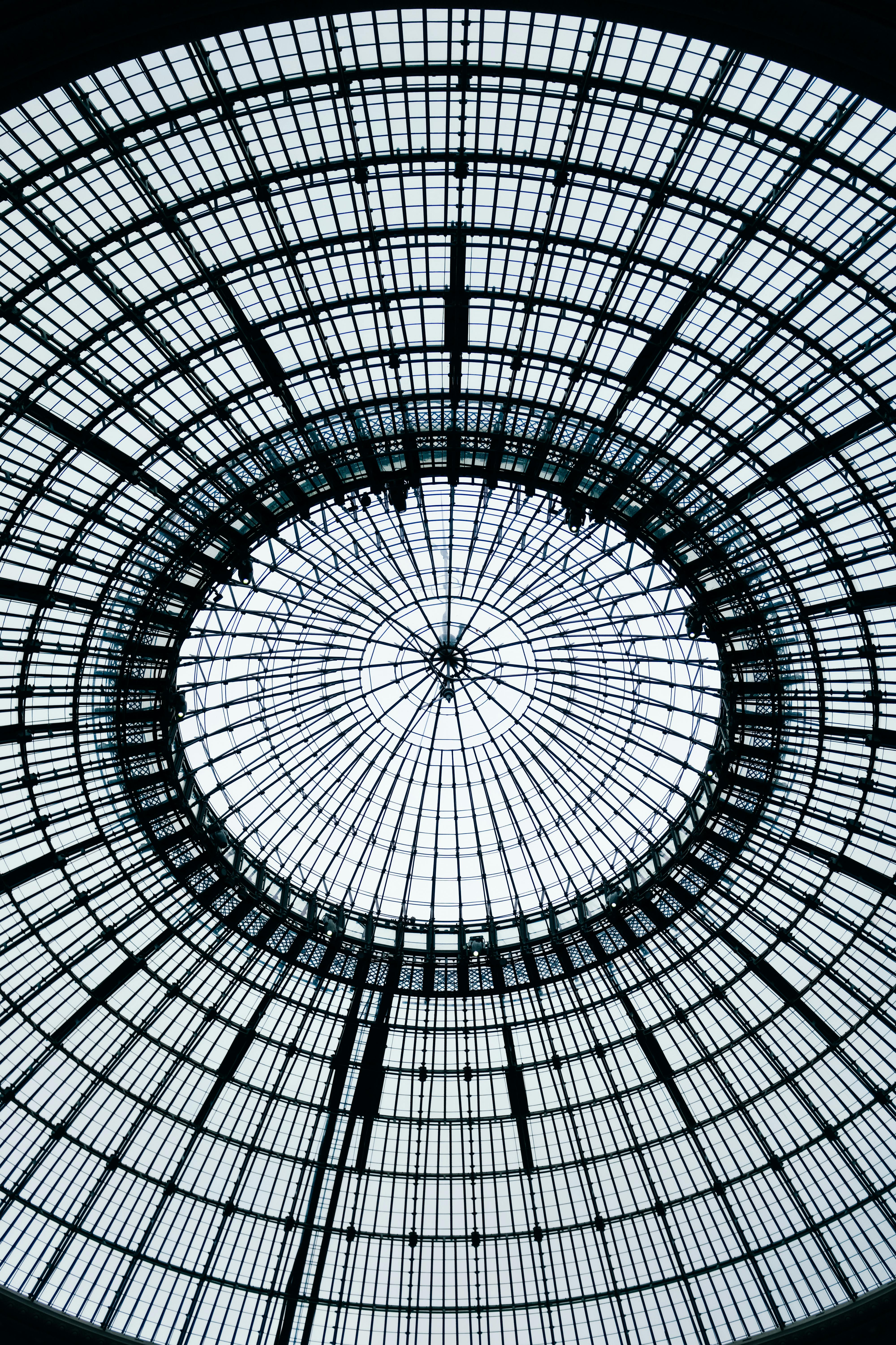 Detailed view of a stunning glass dome with intricate metal patterns from a low angle.