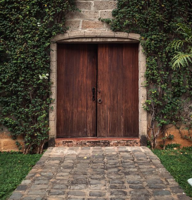 Rustic wooden door framed by ivy and stone wall, leading to a garden path.